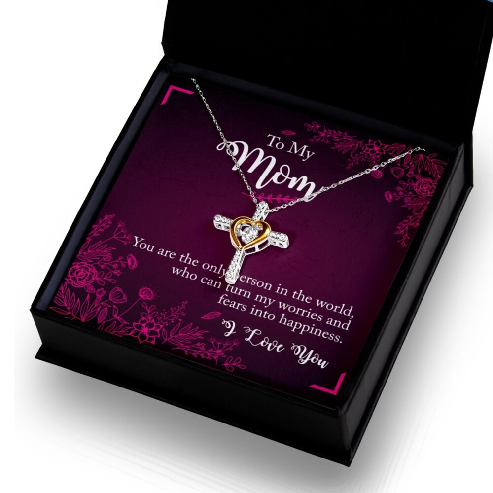 To Mom Dancing Cross Necklace from Daughter or Son. Message Card Necklace Valent